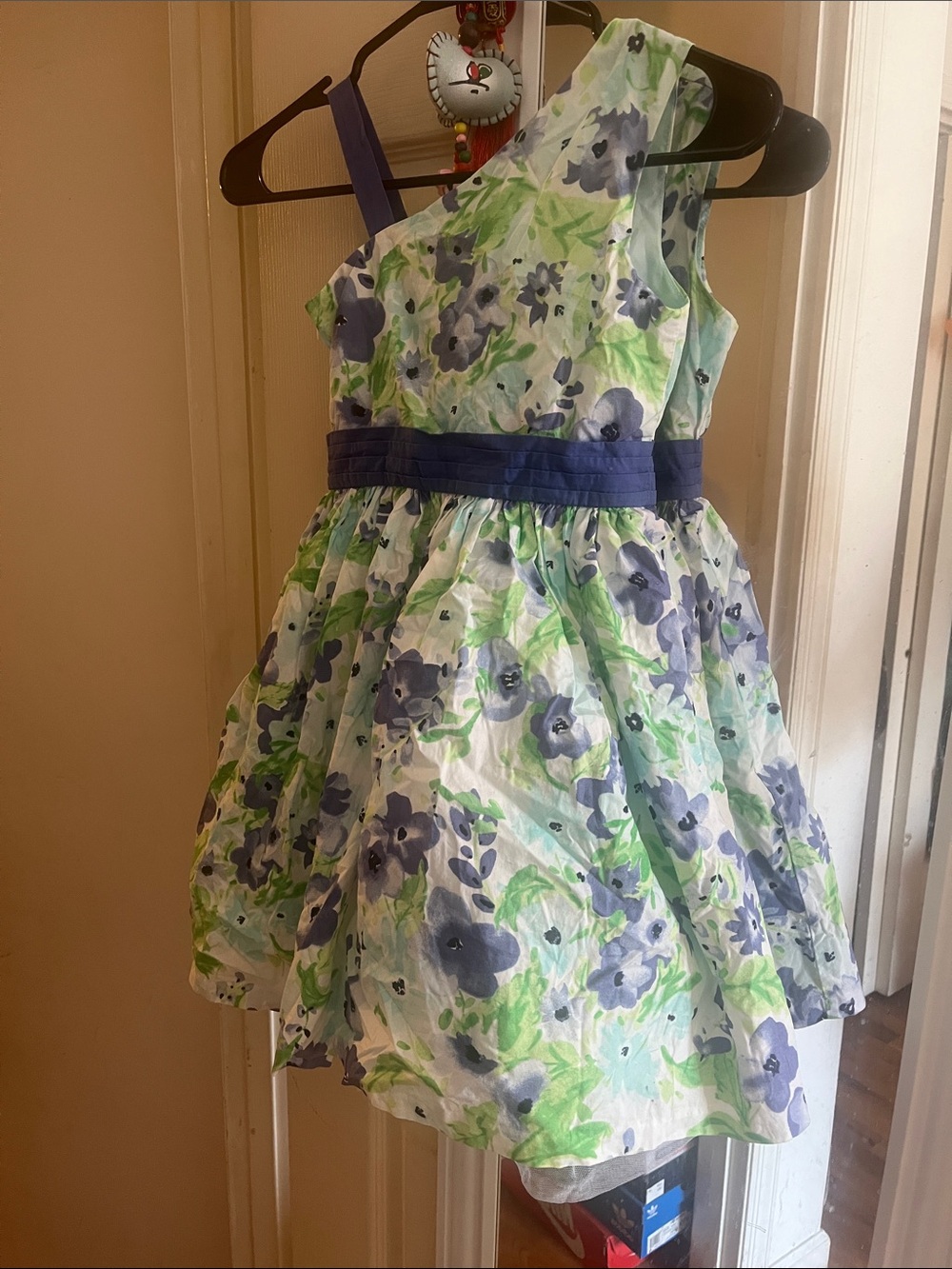 Gymboree One-Shoulder Floral Dress in Green & Blue with Navy Waistband